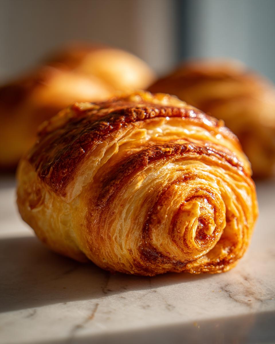 Close-up of a golden brown, flaky Rugelach pastry with visible swirls of cinnamon filling.