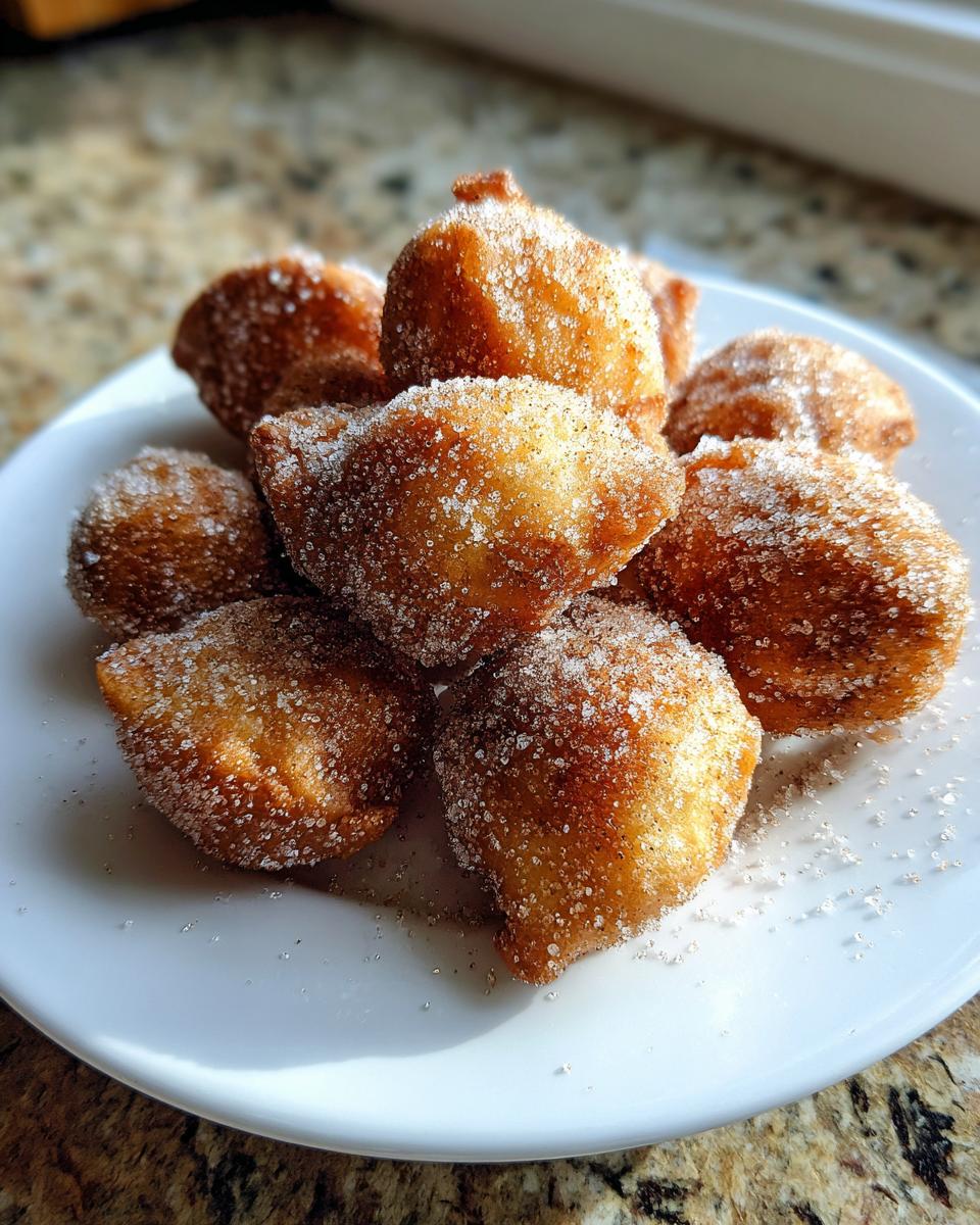 A pile of freshly fried, golden brown Buñuelos generously coated in sparkling sugar on a white plate.