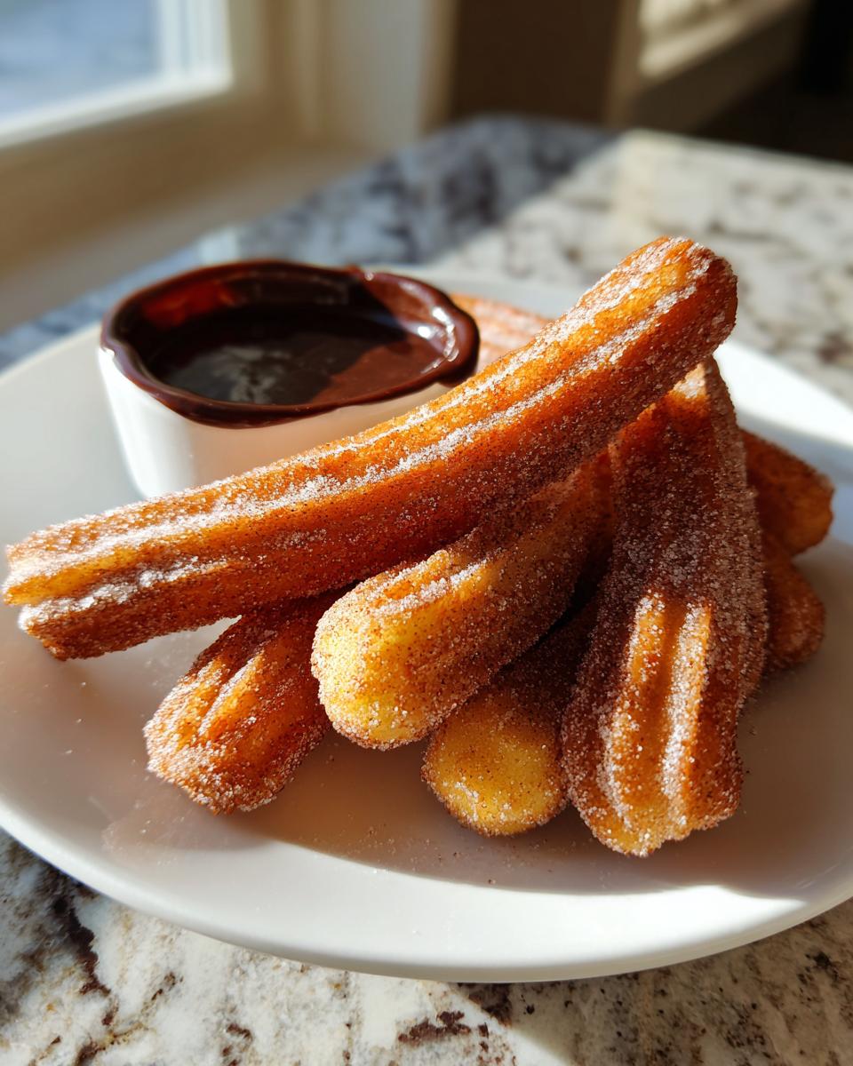 A pile of freshly fried, golden Churros generously coated in cinnamon sugar, served with a side of rich chocolate dipping sauce.