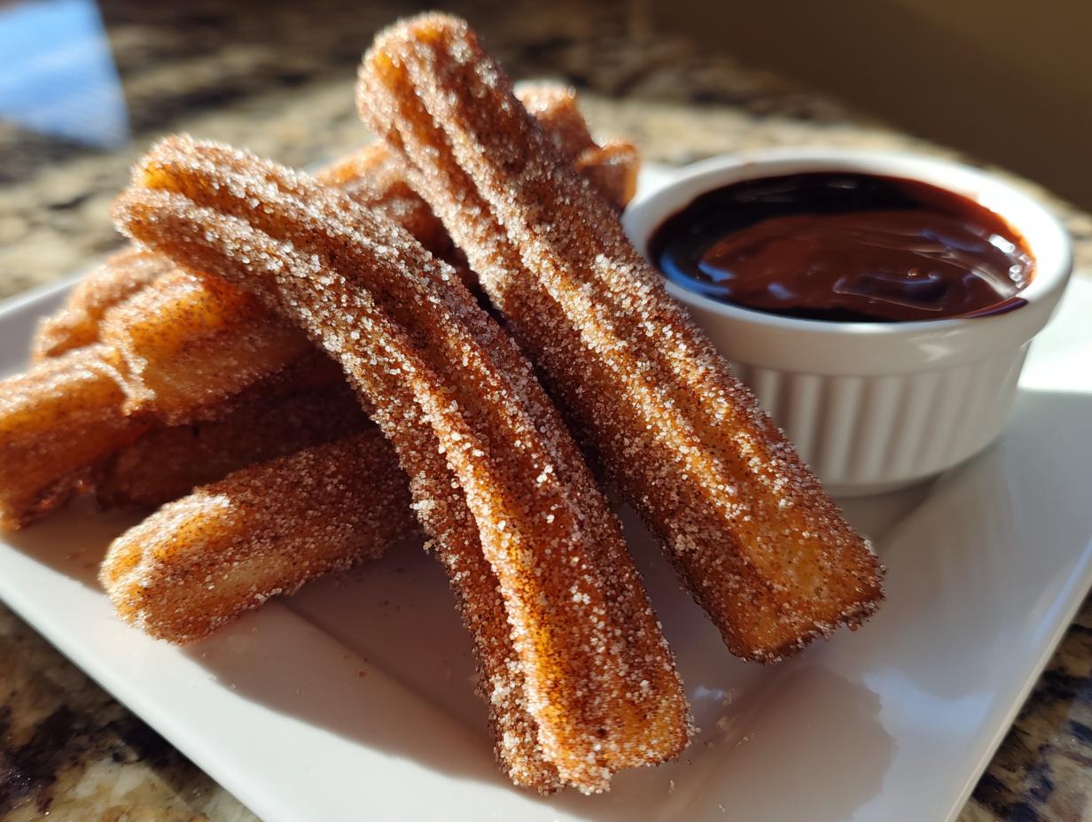 A close-up of several crispy, golden churros heavily coated in cinnamon sugar, served with a side of rich chocolate dipping sauce.