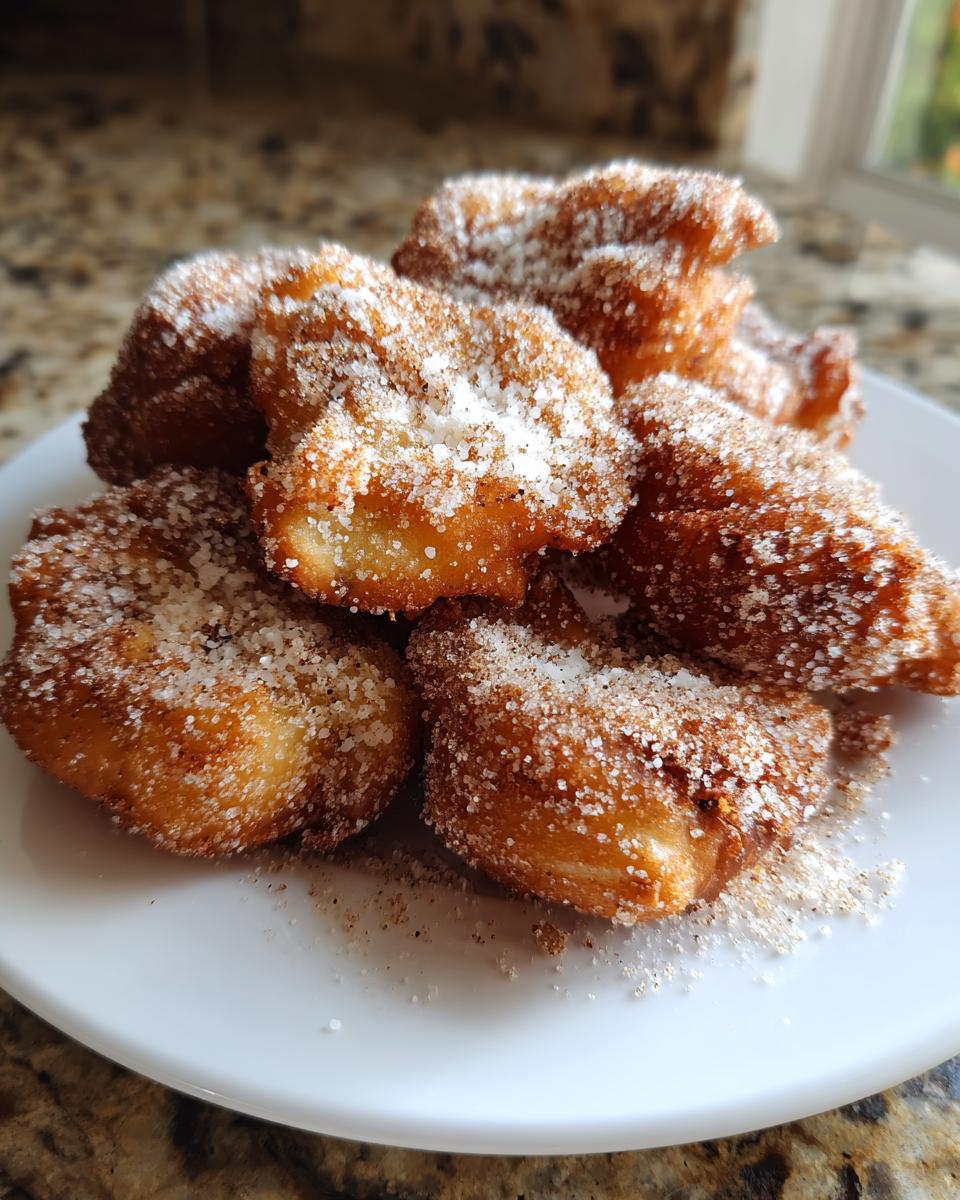 A pile of freshly fried, golden brown Buñuelos generously coated in sparkling cinnamon sugar on a white plate.