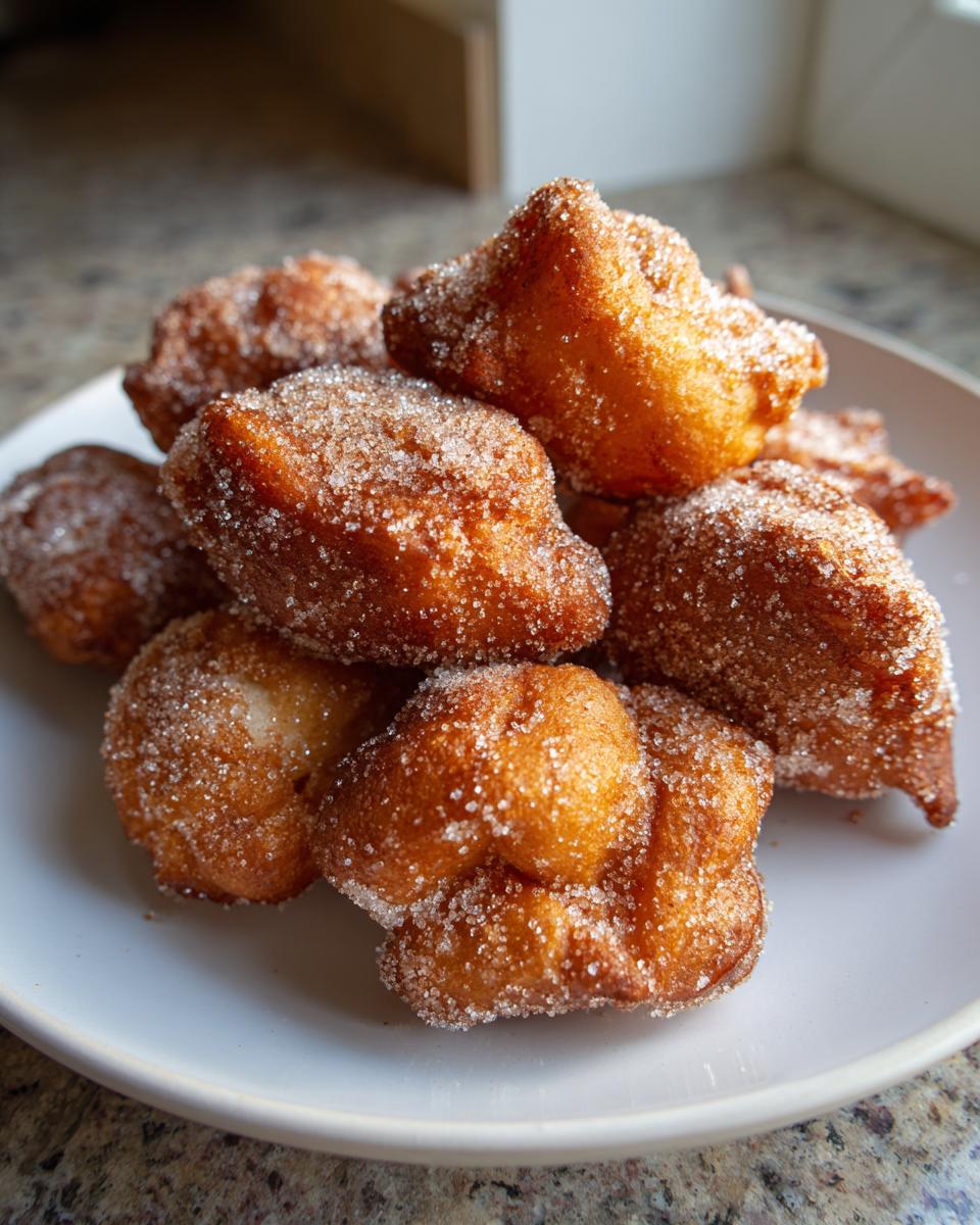 A pile of freshly fried, golden brown Buñuelos heavily coated in sparkling granulated sugar.