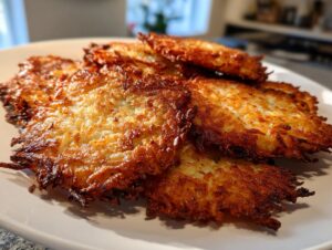 A close-up of several perfectly fried, crispy potato latkes piled on a white plate.
