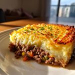 A perfectly browned slice of Shepherd’s pie with a thick, textured mashed potato topping over savory ground meat and vegetables.
