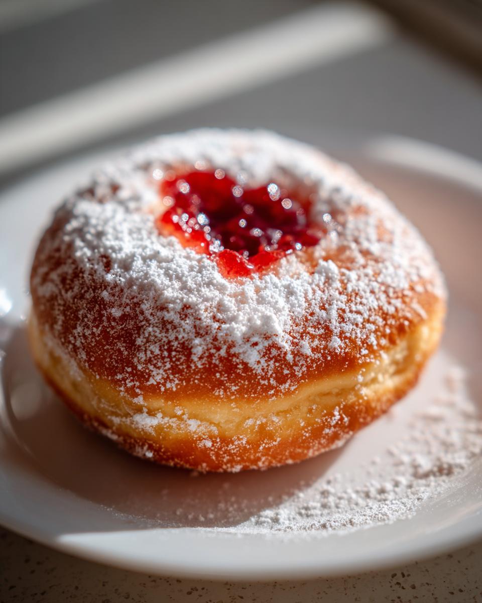 A close-up of a golden-brown Sufganiyot dusted heavily with powdered sugar, showing a dollop of bright red jam filling.