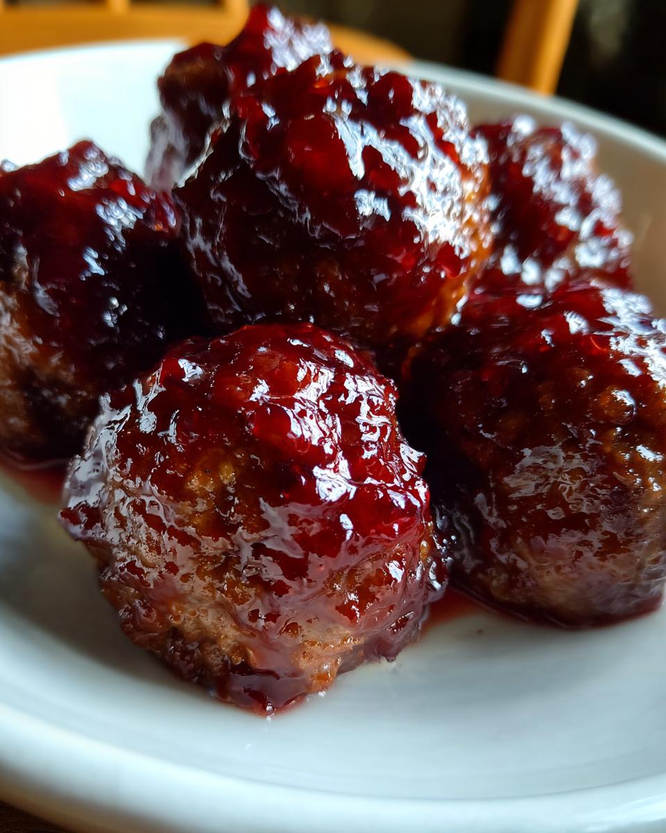 Close-up of several savory Grape Jelly Meatballs coated in a thick, glossy, dark red jelly glaze.