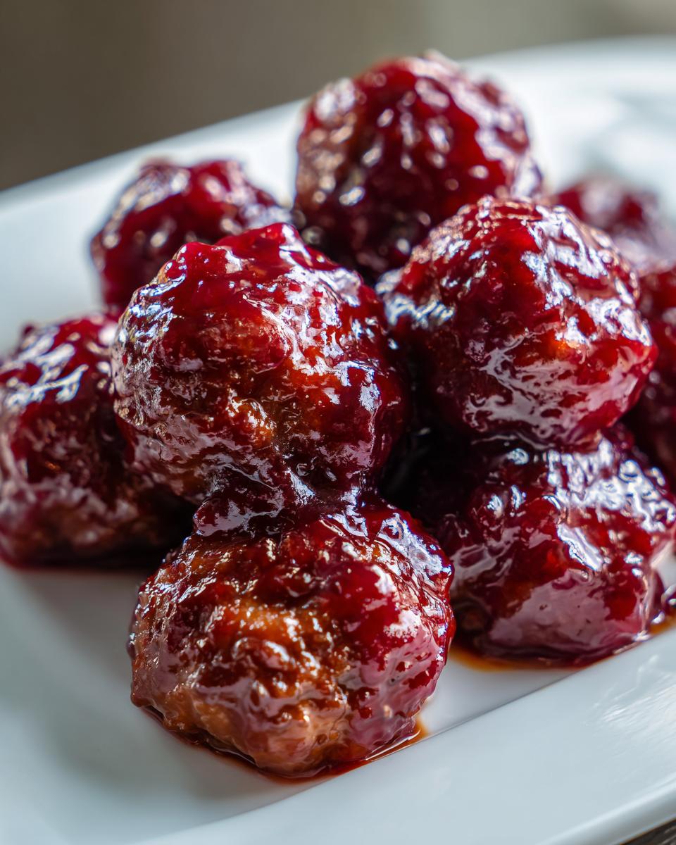 Close-up of several glistening Grape Jelly Meatballs piled on a white serving dish, coated in a thick, dark red glaze.