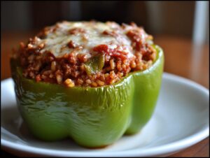Close-up of a single green stuffed bell peppers, filled with meat and rice mixture, topped with melted cheese.