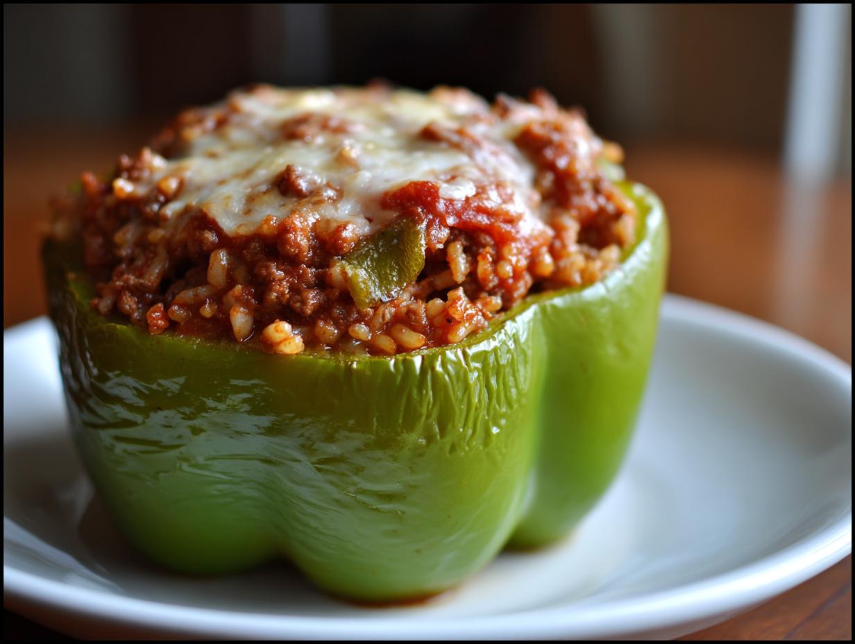 Close-up of a single green stuffed bell peppers, filled with meat and rice mixture, topped with melted cheese.