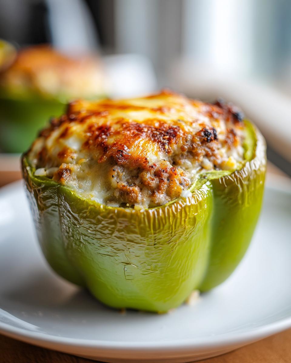 A single, vibrant green stuffed bell peppers topped with browned, melted cheese, ready to eat.