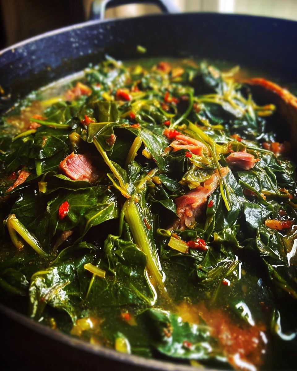 Close-up of steaming collard greens cooked with bacon and red pepper flakes in a pot.