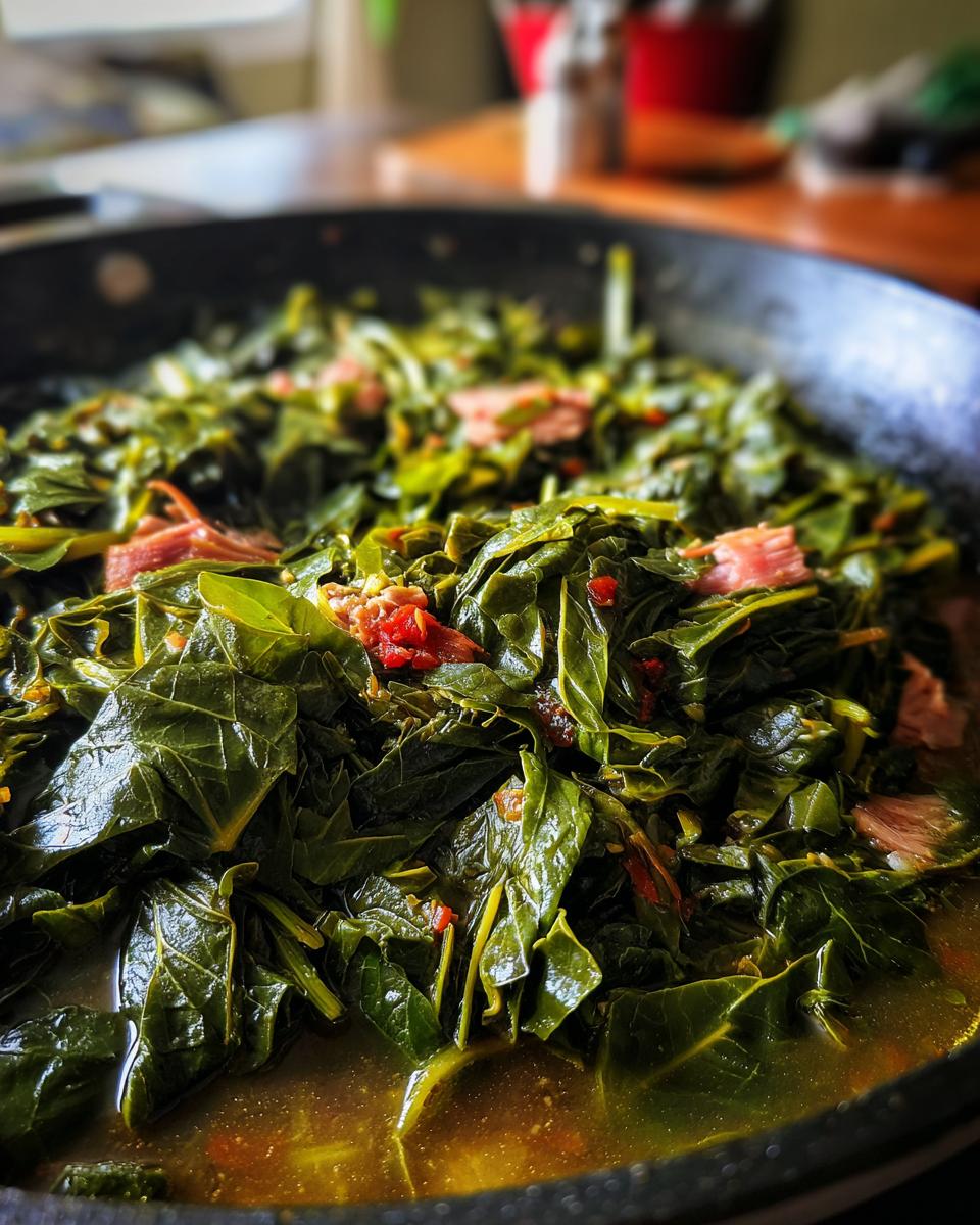 Close-up of hearty collard greens cooked with pieces of meat in a dark skillet.
