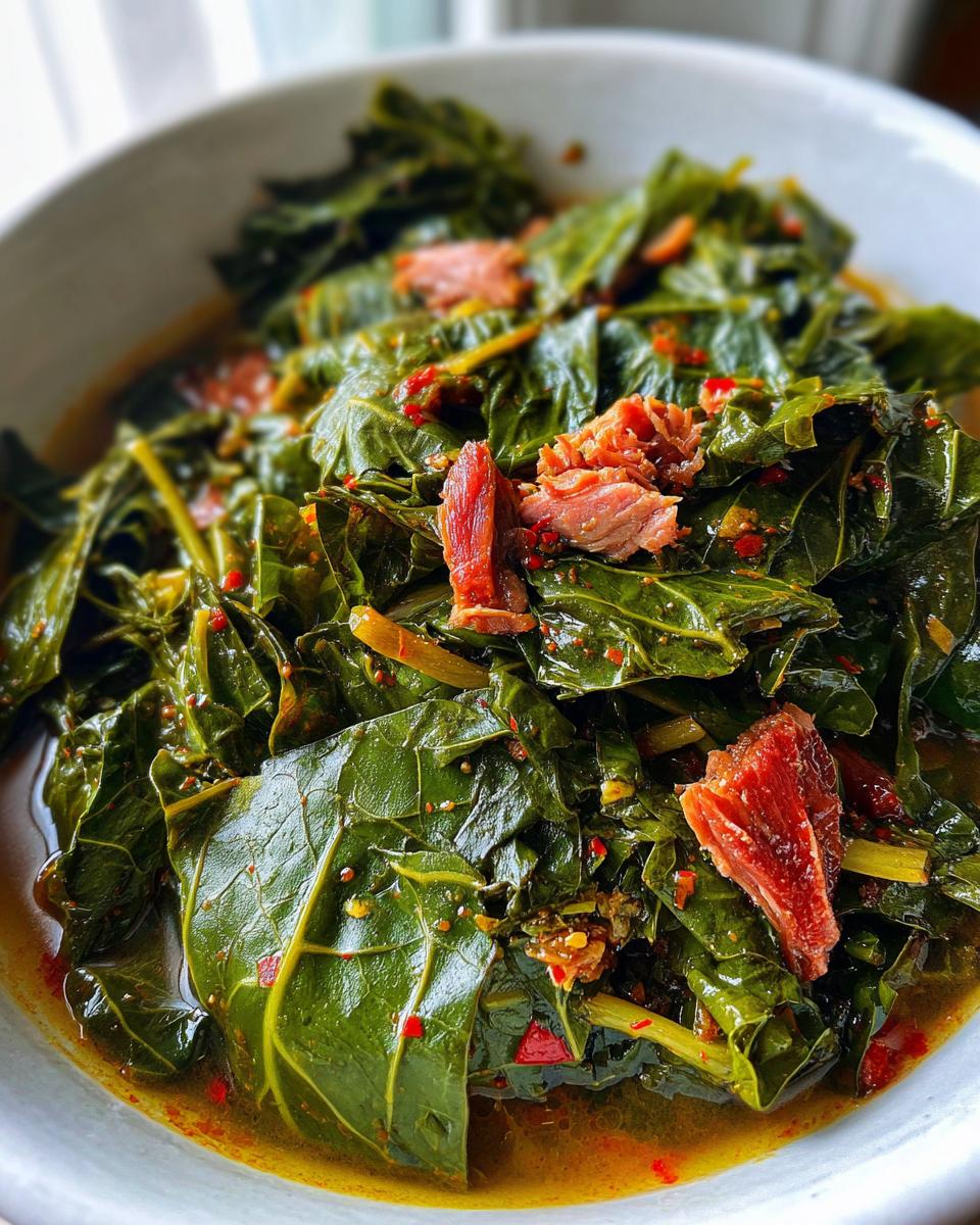 Close-up of a bowl of hearty collard greens, braised with pieces of smoked meat and red pepper flakes.