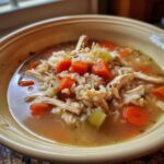 A close-up of a bowl of hearty turkey soup filled with shredded turkey, rice, carrots, and celery.