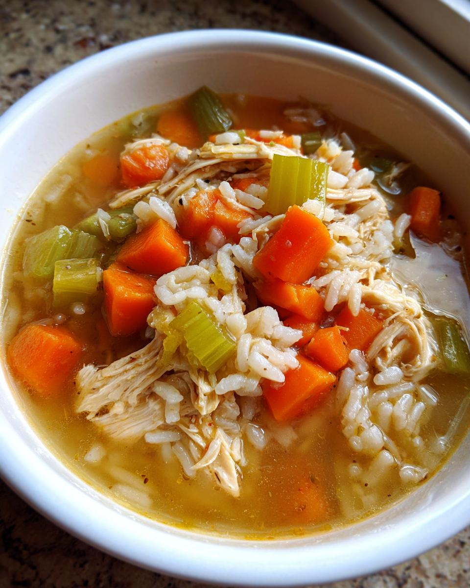 A close-up of a bowl of hearty turkey soup, packed with shredded turkey, diced carrots, celery, and rice.