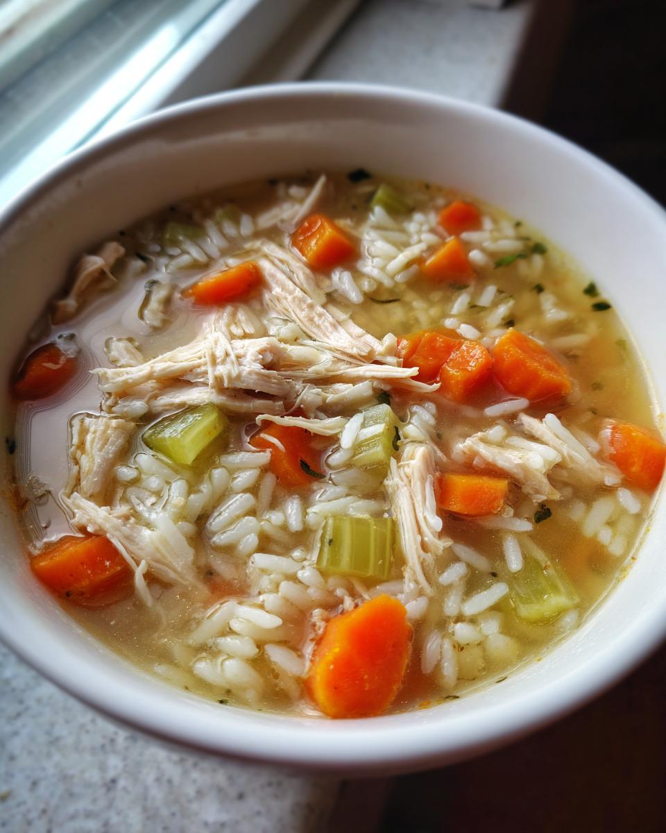A close-up of a bowl of hearty turkey soup, filled with shredded turkey, rice, carrots, and celery in a savory broth.