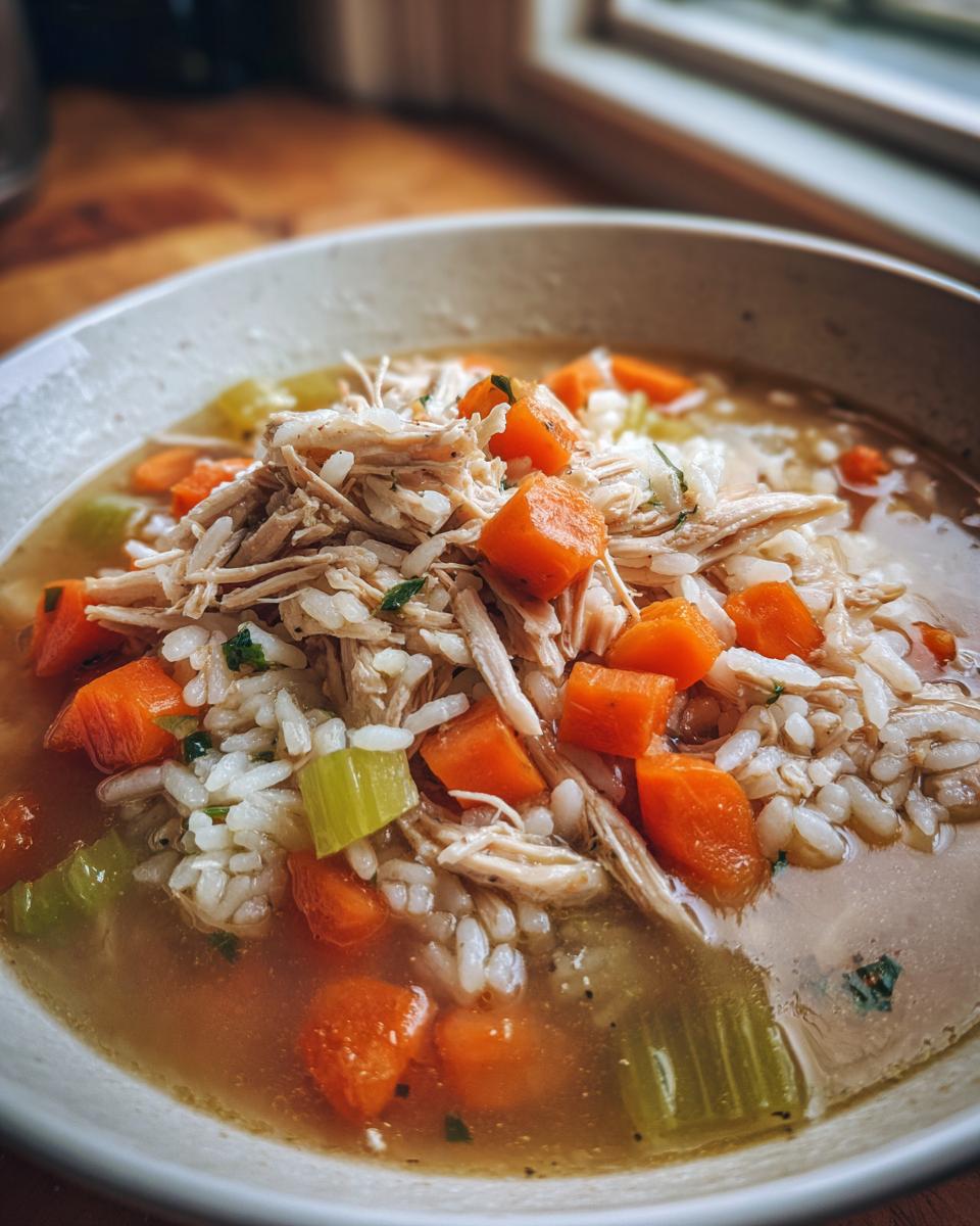 A comforting bowl of hearty turkey soup, filled with shredded turkey, rice, diced carrots, and celery.