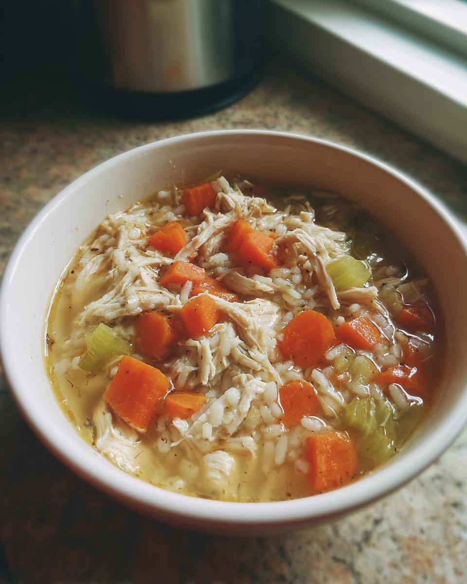 A close-up of a bowl of hearty turkey soup, filled with shredded turkey, rice, carrots, and celery in a savory broth.