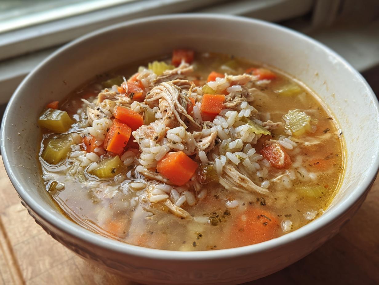 A close-up of a bowl of hearty turkey soup, filled with shredded turkey, rice, carrots, and celery in a savory broth.