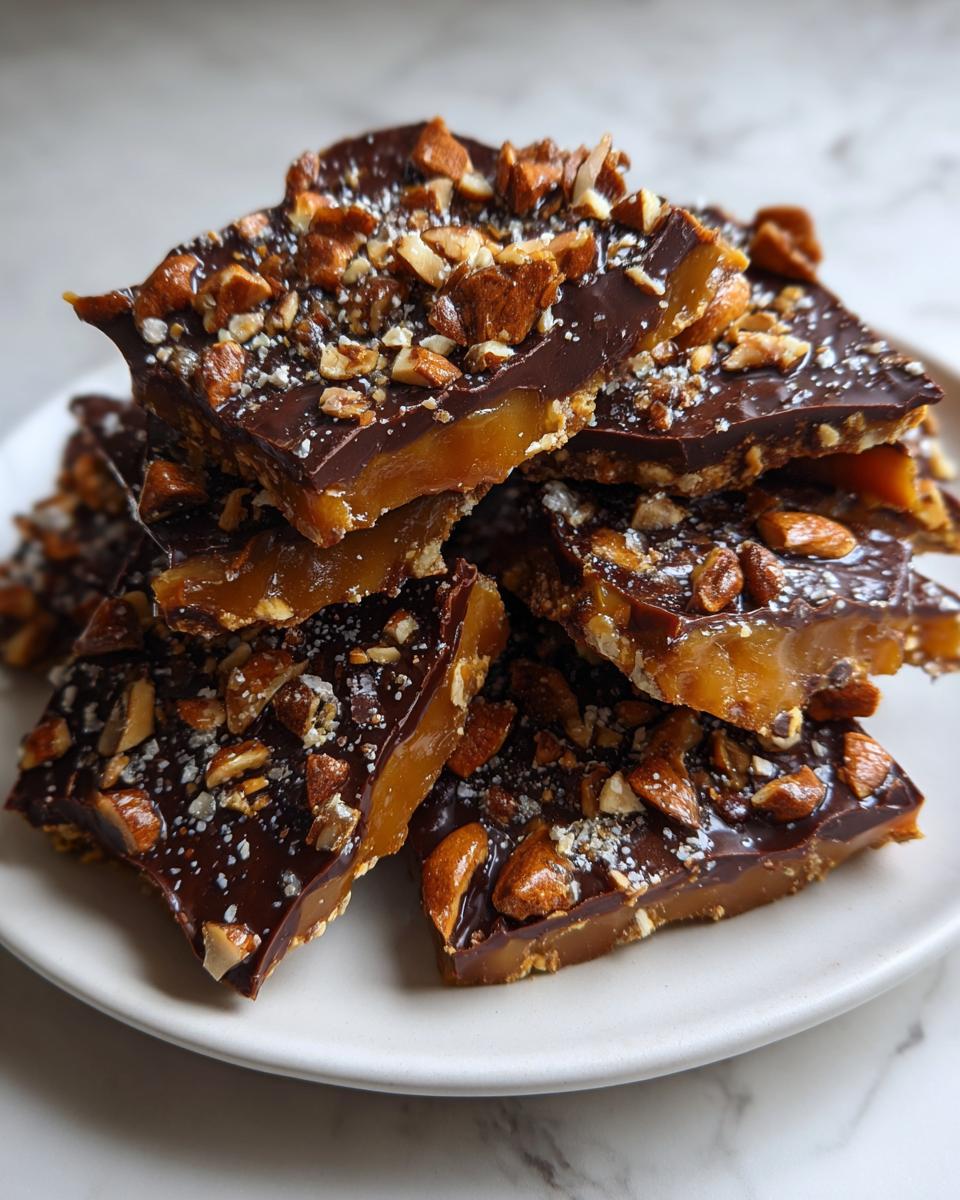 A close-up stack of homemade toffee pieces, topped with dark chocolate and chopped almonds.