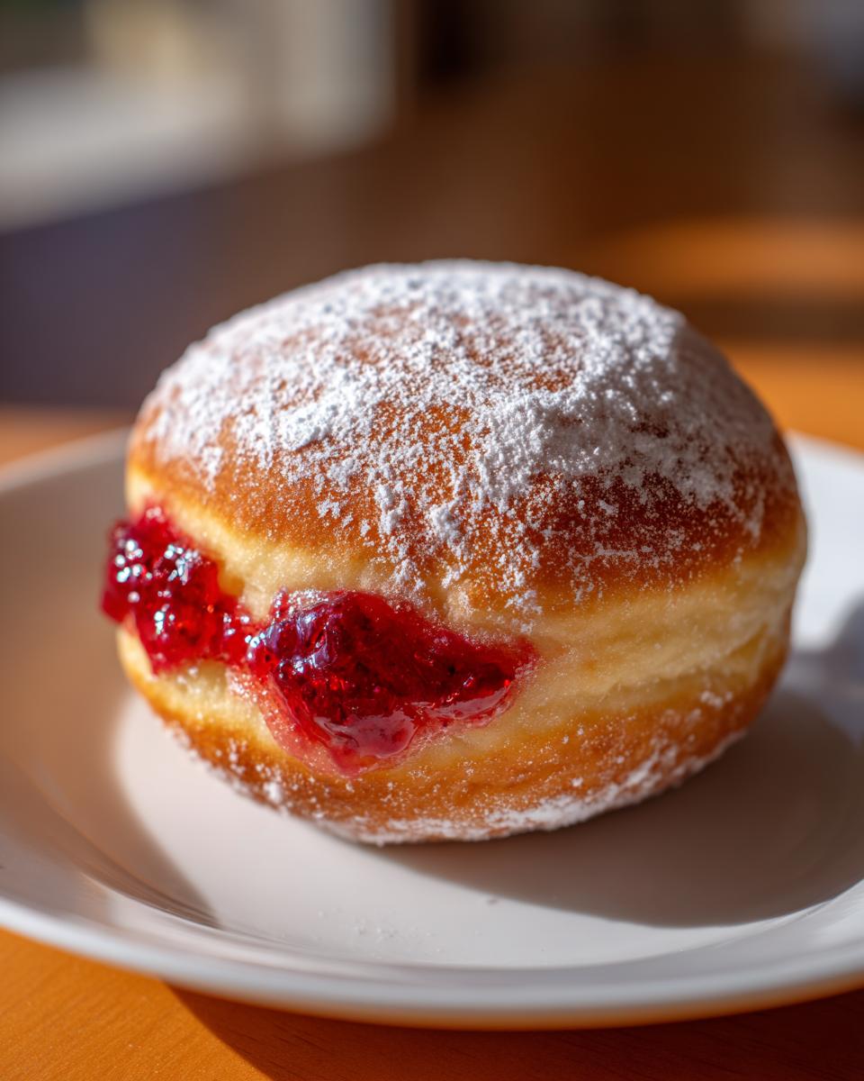 A single, golden-brown Sufganiyot, dusted with powdered sugar and oozing bright red jam filling, sits on a white plate.