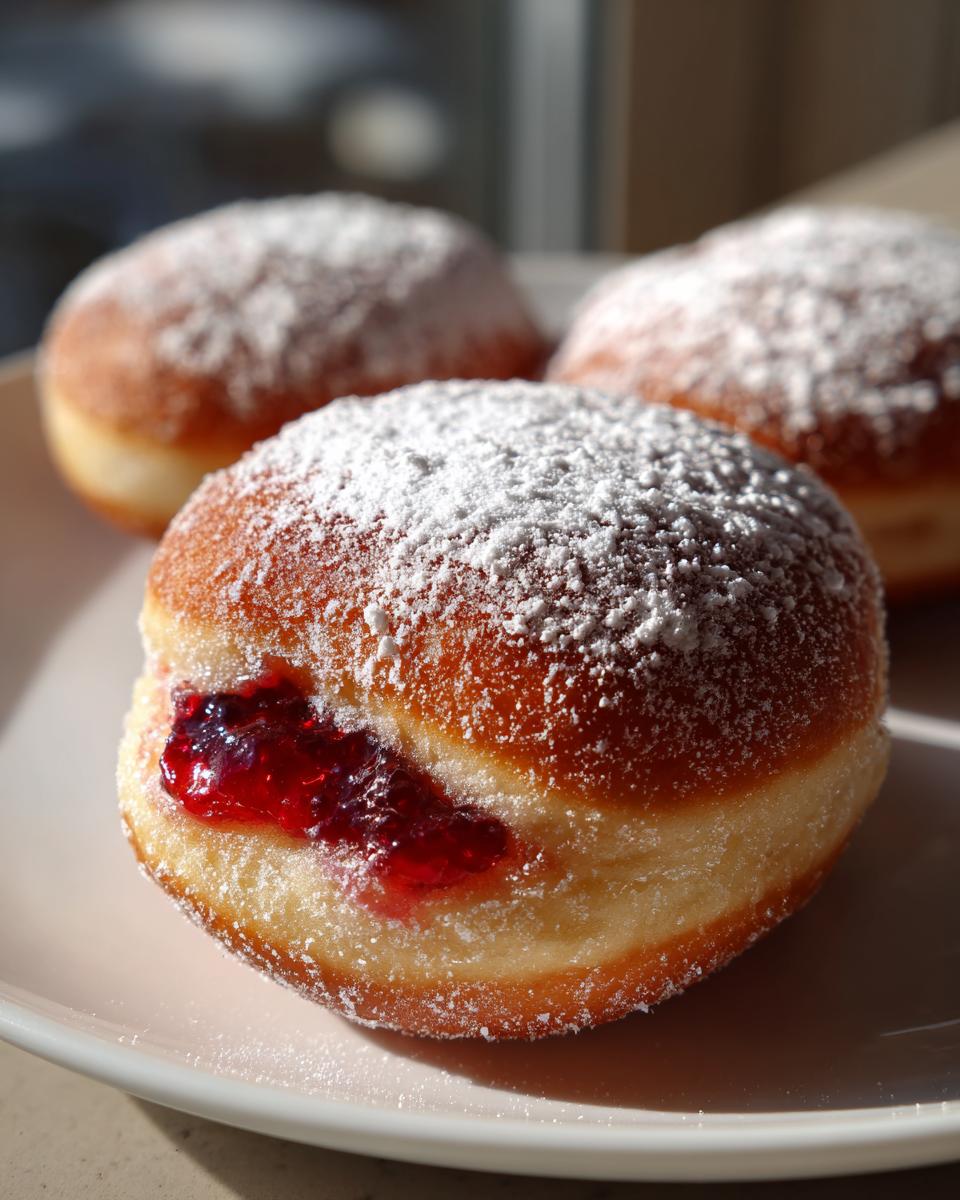 A close-up of a plump, golden Sufganiyot dusted with powdered sugar, showing a generous filling of bright red jam.
