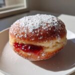 A single, golden-brown Sufganiyot dusted heavily with powdered sugar, showing a visible layer of bright red jam filling.