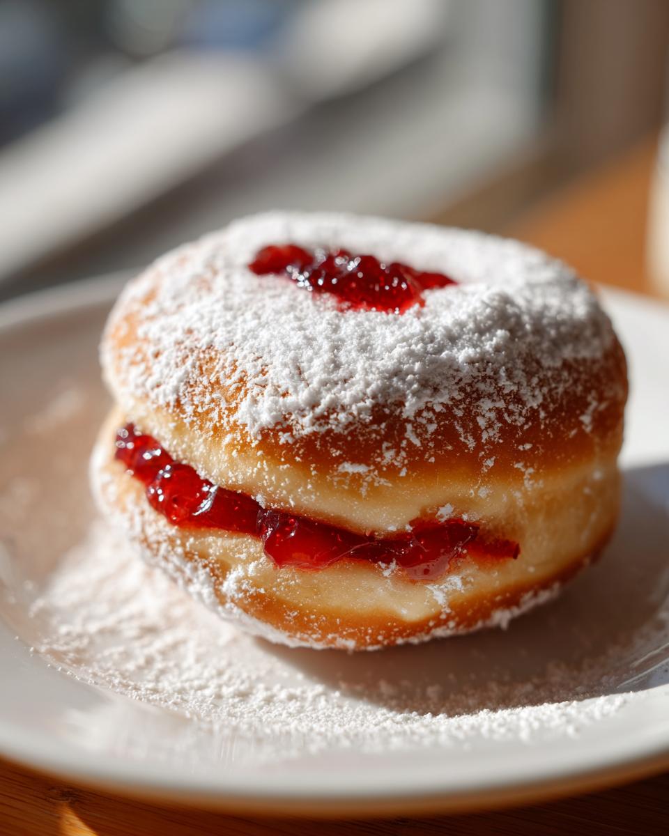 A single, golden-brown Sufganiyot generously dusted with powdered sugar and filled with bright red jam.