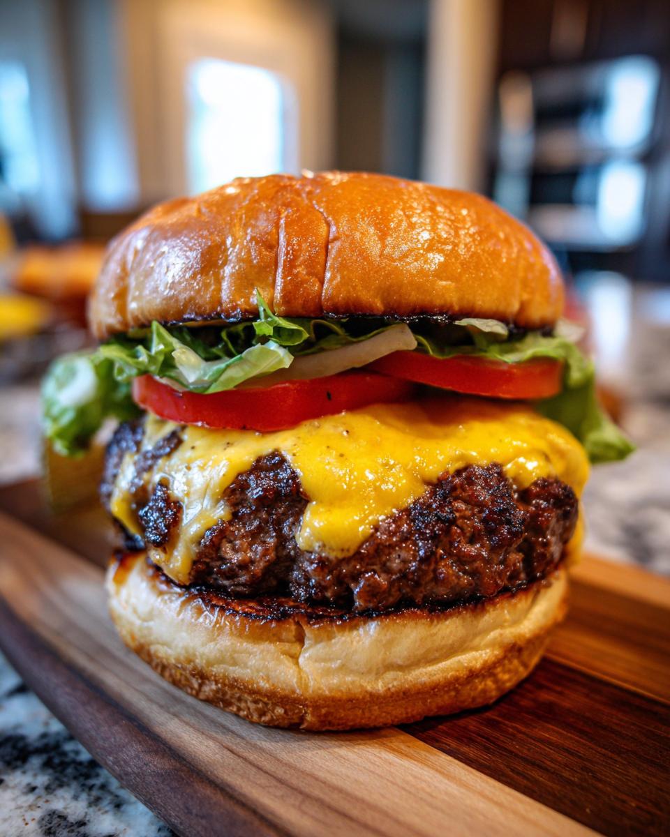 Close-up of a juicy Cheeseburger with melted cheese, lettuce, tomato, and onion on a toasted brioche bun.