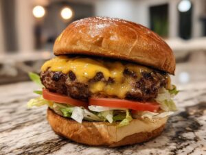 Close-up of a juicy Cheeseburger featuring a thick patty, melted cheddar cheese, tomato, and lettuce on a toasted bun.