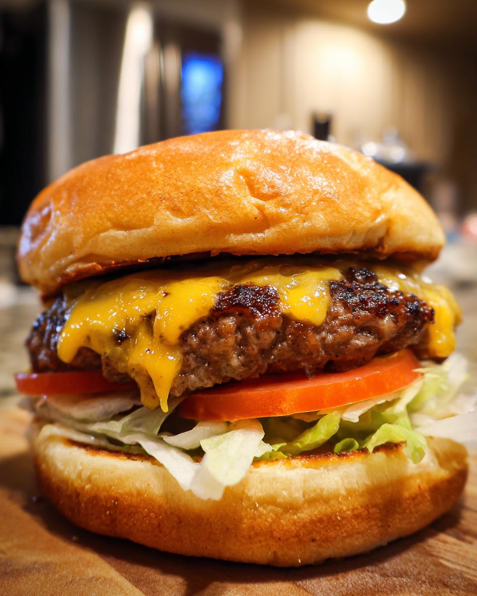 A close-up, mouth-watering shot of a classic cheeseburger featuring a thick patty, melted cheddar cheese, tomato, and lettuce on a toasted bun.