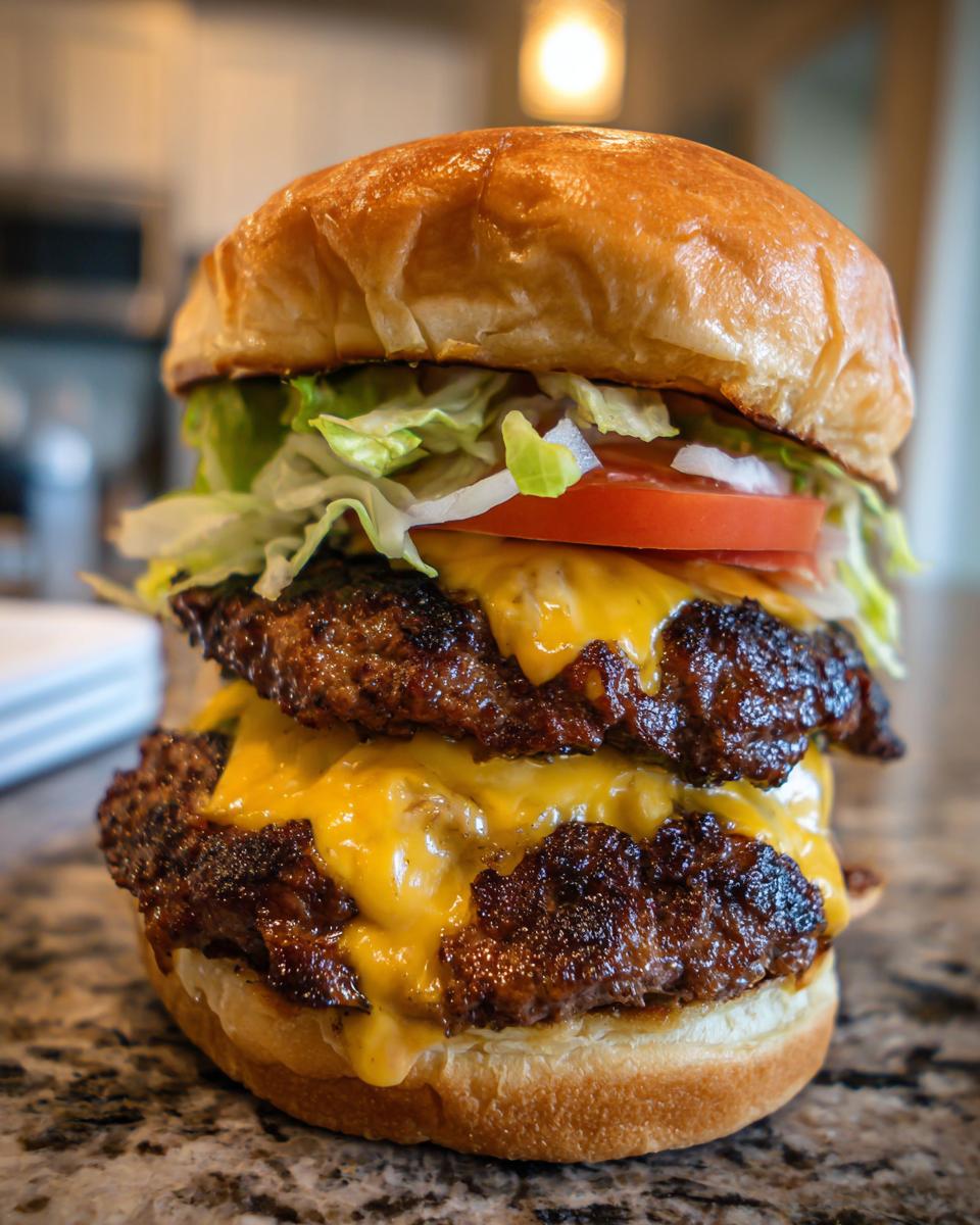 A tall, juicy double Cheeseburger featuring two seared patties covered in melted American cheese, lettuce, tomato, and onion on a brioche bun.