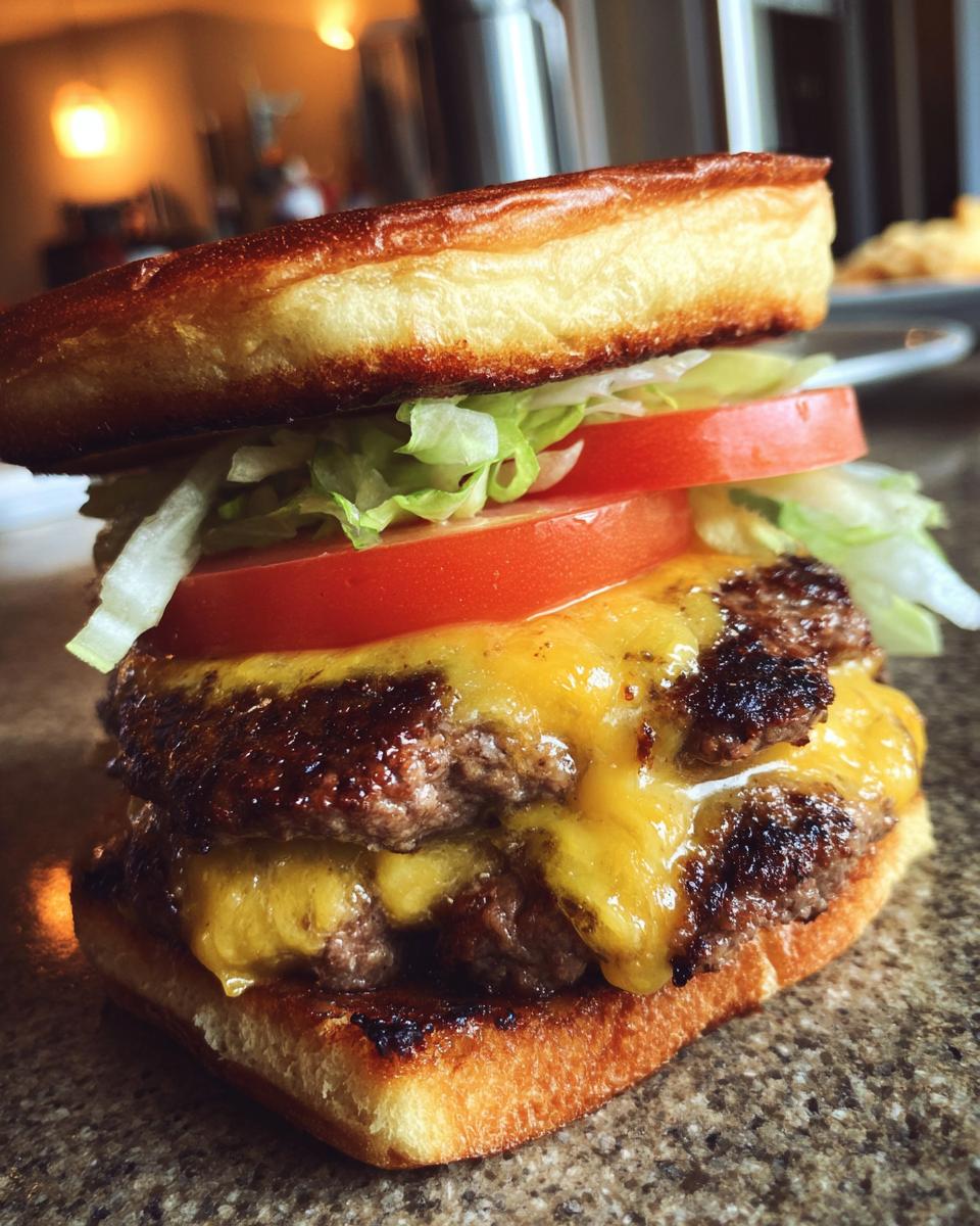 A close-up, mouthwatering shot of a double Cheeseburger featuring two seared patties covered in melted cheddar cheese, lettuce, and tomato on a toasted bun.