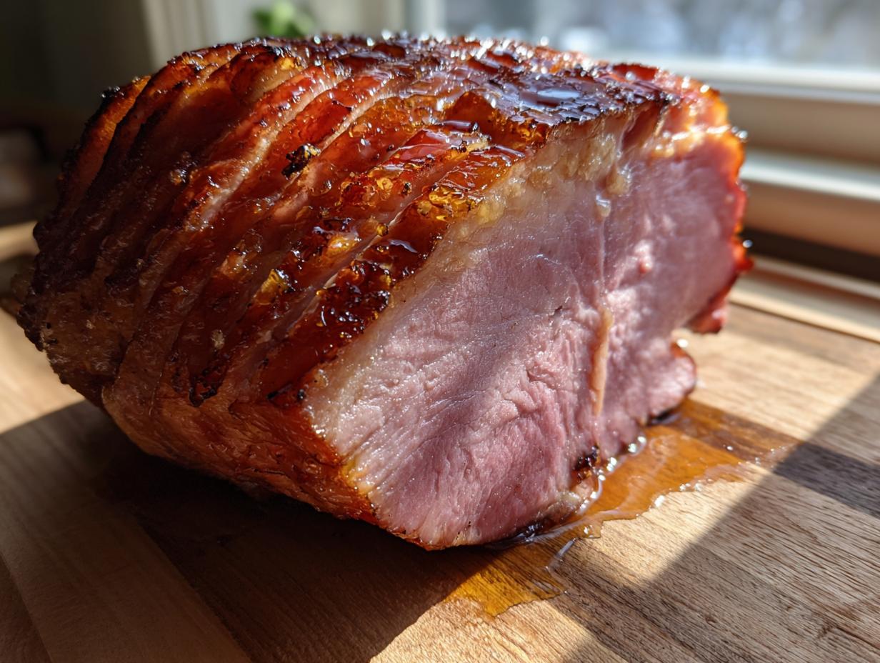 Close-up of a perfectly cooked, juicy glazed ham with a deeply caramelized, scored exterior resting on a wooden cutting board.