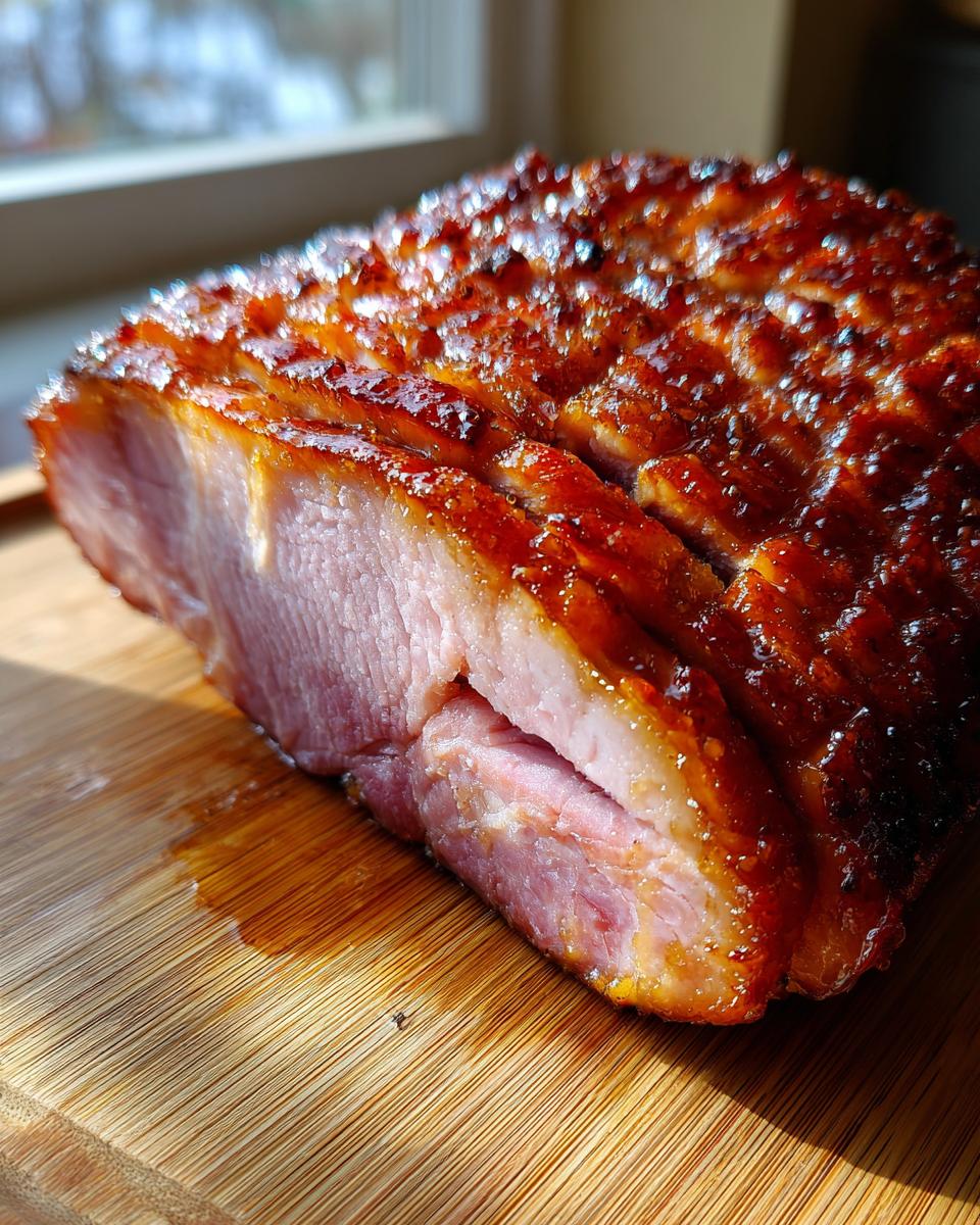 Close-up of a thick slice of juicy glazed ham showing the pink interior and caramelized, scored exterior.