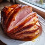 Close-up of a spiral-cut, beautifully glazed ham, sliced and resting in its sweet juices on a white plate.