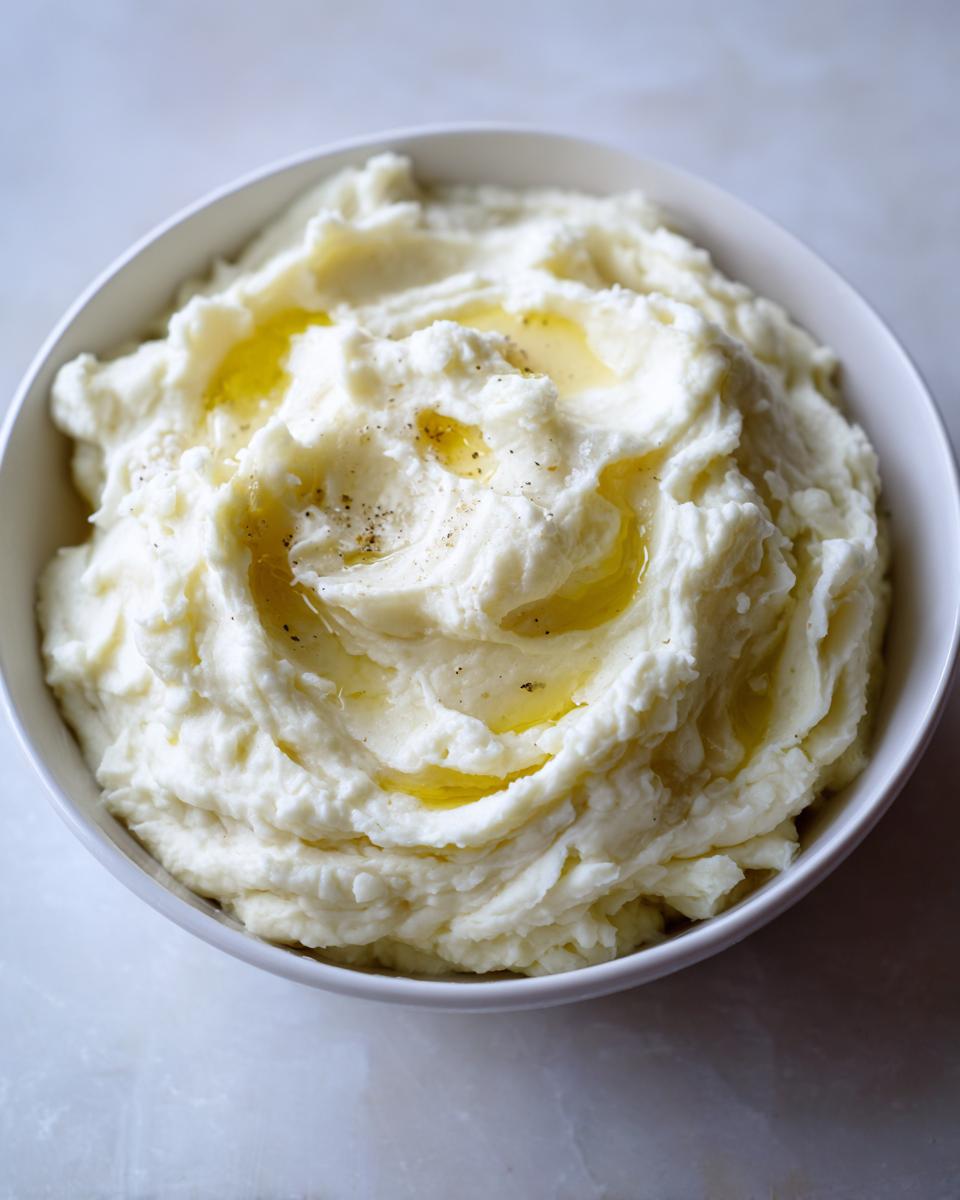 A close-up of a bowl of fluffy mashed potatoes topped with melted butter and black pepper.