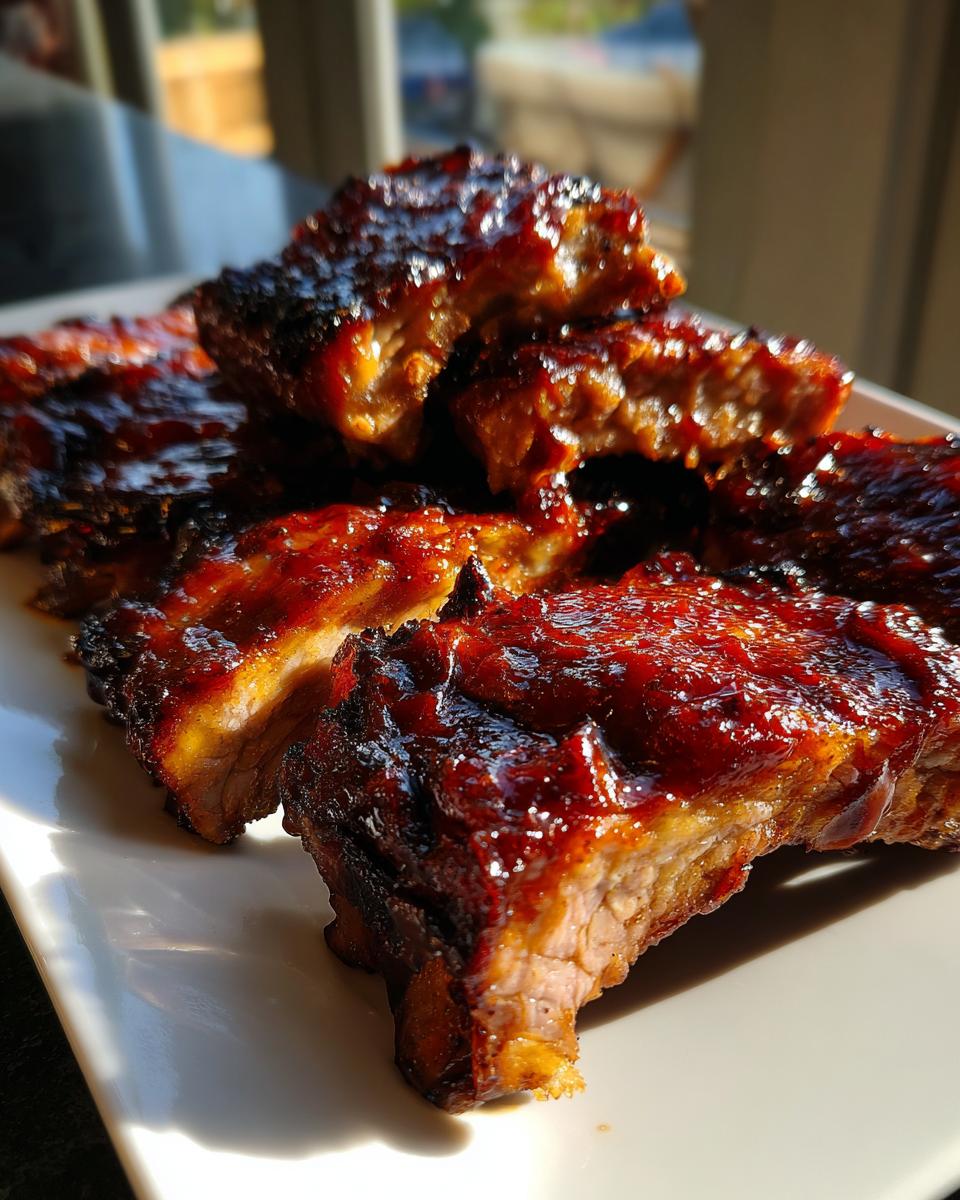 Close-up of tender, glazed BBQ ribs stacked on a white plate, glistening under sunlight.