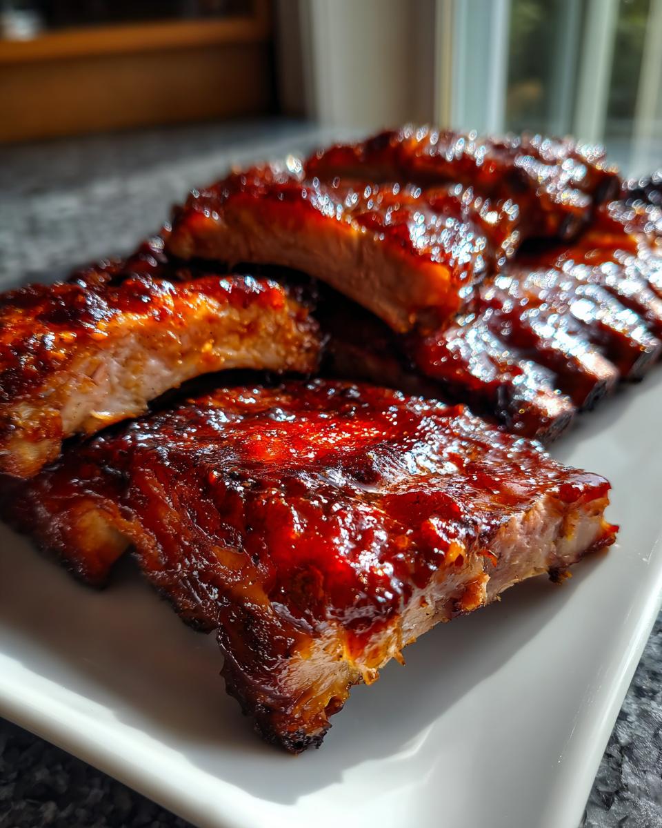 Close-up of tender, glazed BBQ ribs glistening with rich sauce on a white platter.