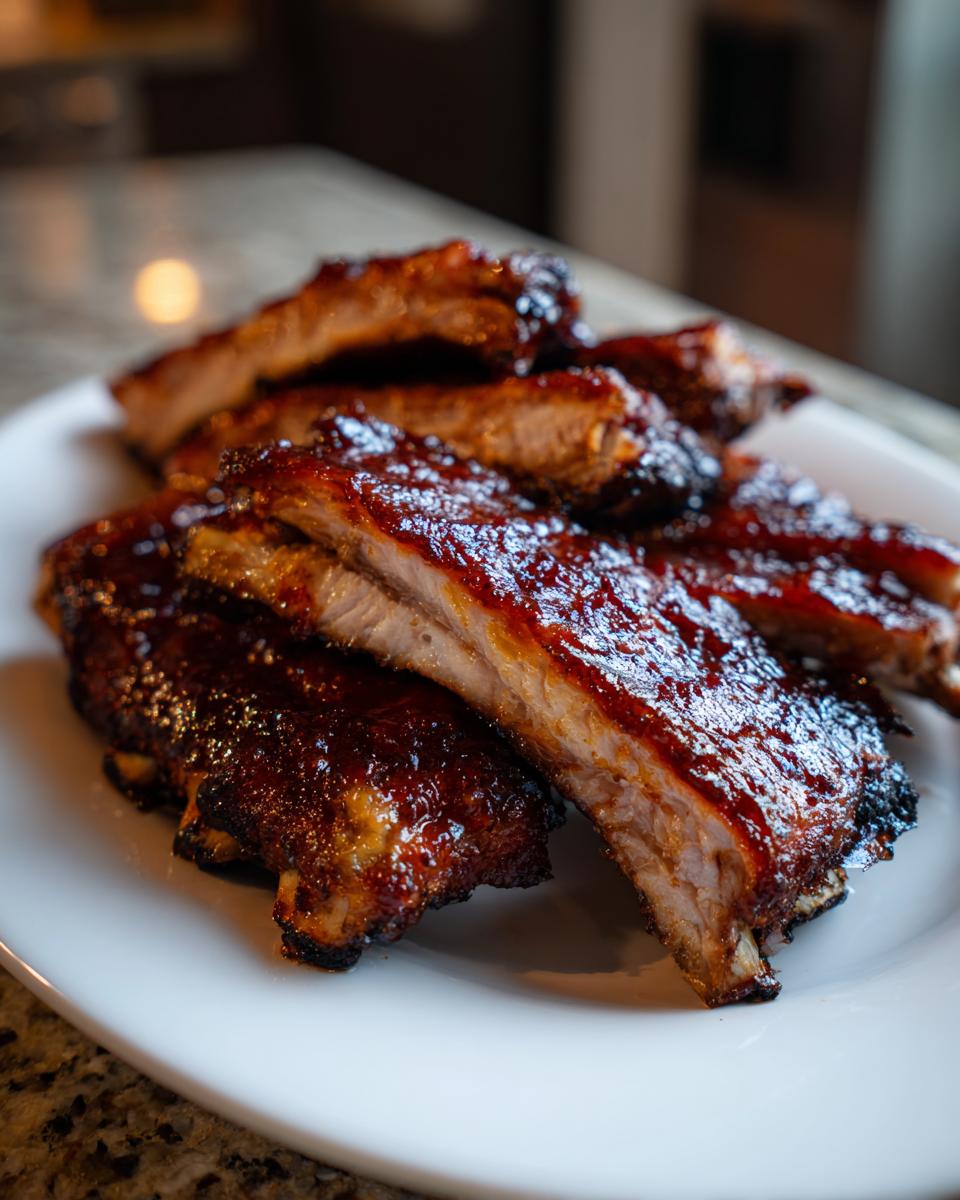 Close-up of several tender, glazed BBQ ribs stacked on a white plate, showing the rich sauce and fall-off-the-bone texture.