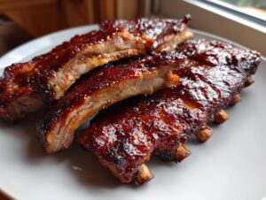Close-up of tender, glazed BBQ ribs cut into sections, showing the meat and rich sauce.