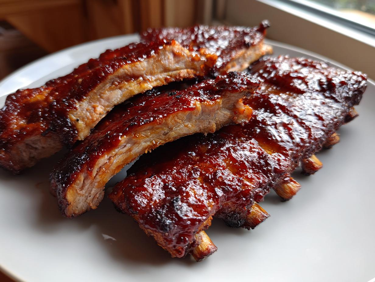 Close-up of tender, glazed BBQ ribs cut into sections, showing the meat and rich sauce.