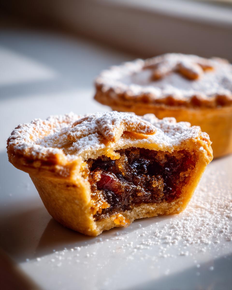 Close-up of a delicious mince pie, bitten into, showing rich fruit filling and dusted with powdered sugar.