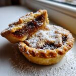 A close-up of two mince pies, one cut open to show the rich filling, dusted heavily with powdered sugar.