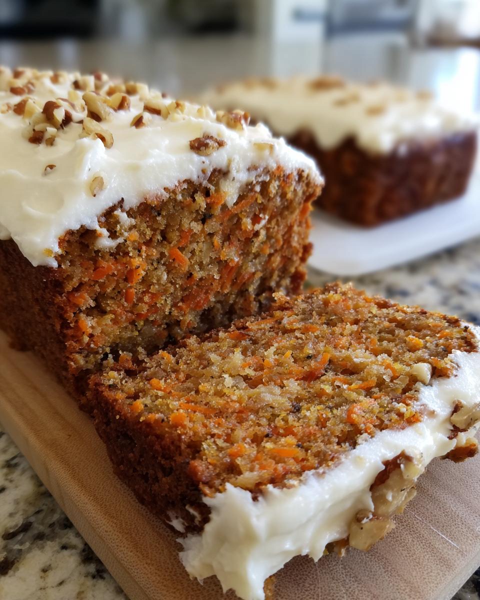 Close-up of a slice of moist carrot cake topped with cream cheese frosting and chopped nuts.