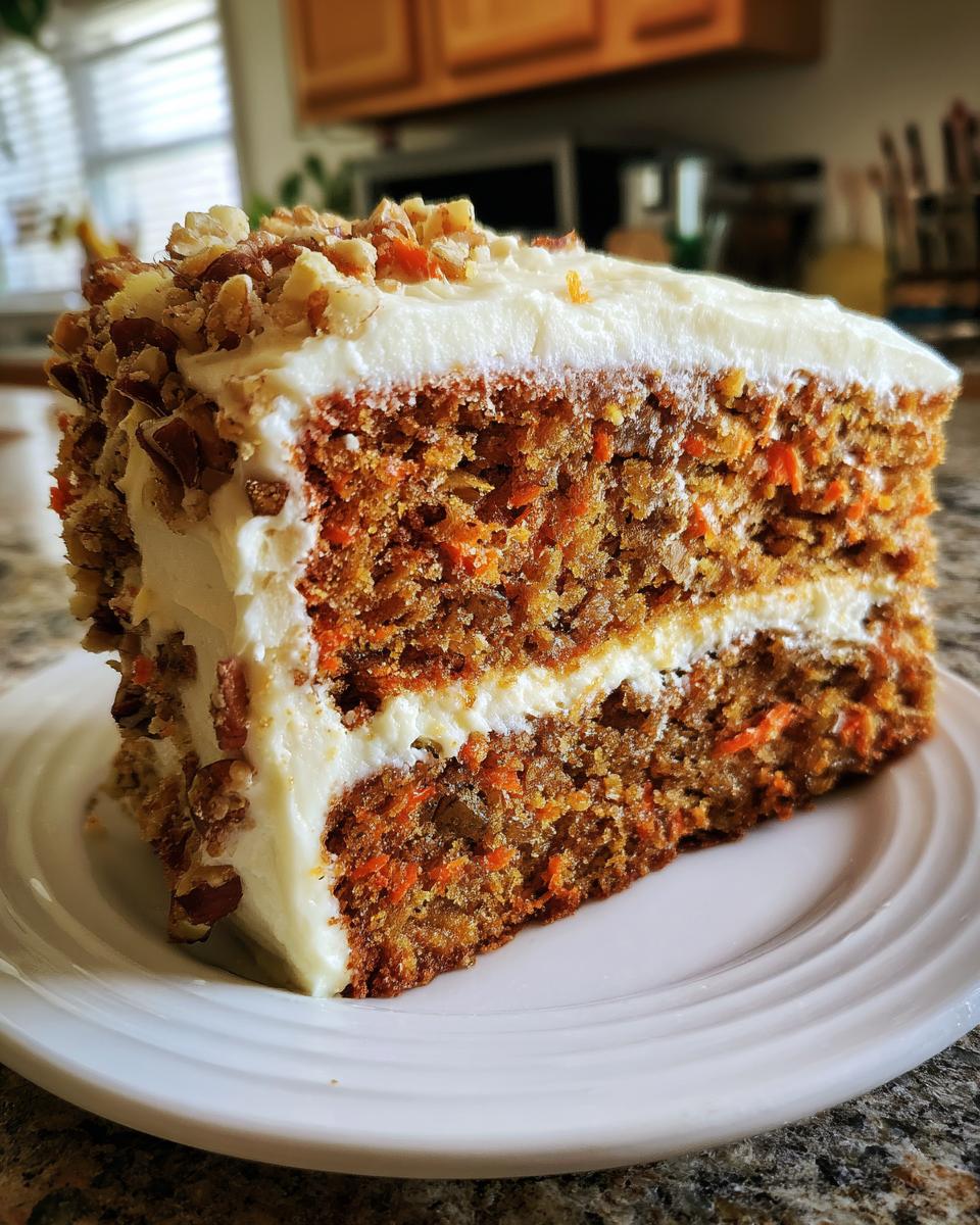 A delicious slice of moist carrot cake with cream cheese frosting and chopped nuts.