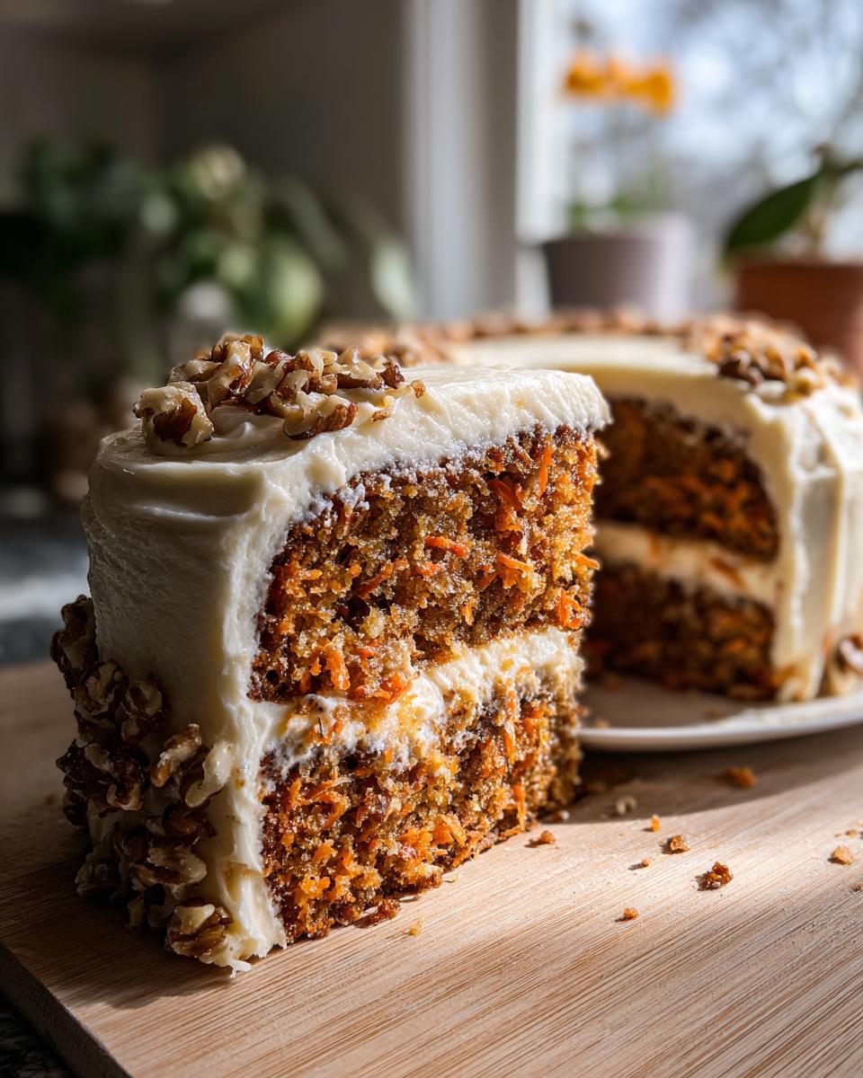 A delicious slice of moist carrot cake with rich cream cheese frosting and chopped pecans, showcasing layers of spiced cake and frosting.