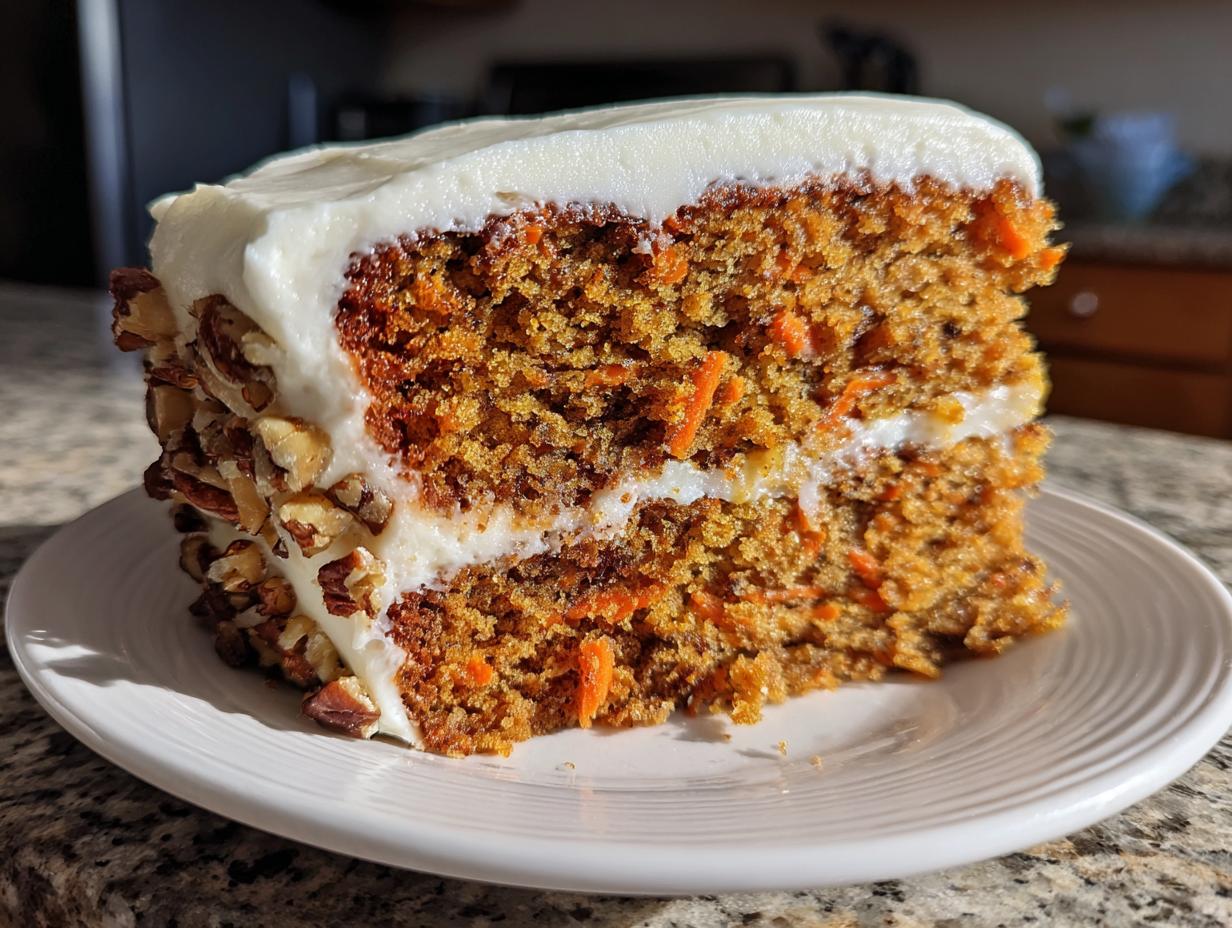 A delicious slice of moist carrot cake with cream cheese frosting and chopped pecans, showcasing visible shredded carrots.