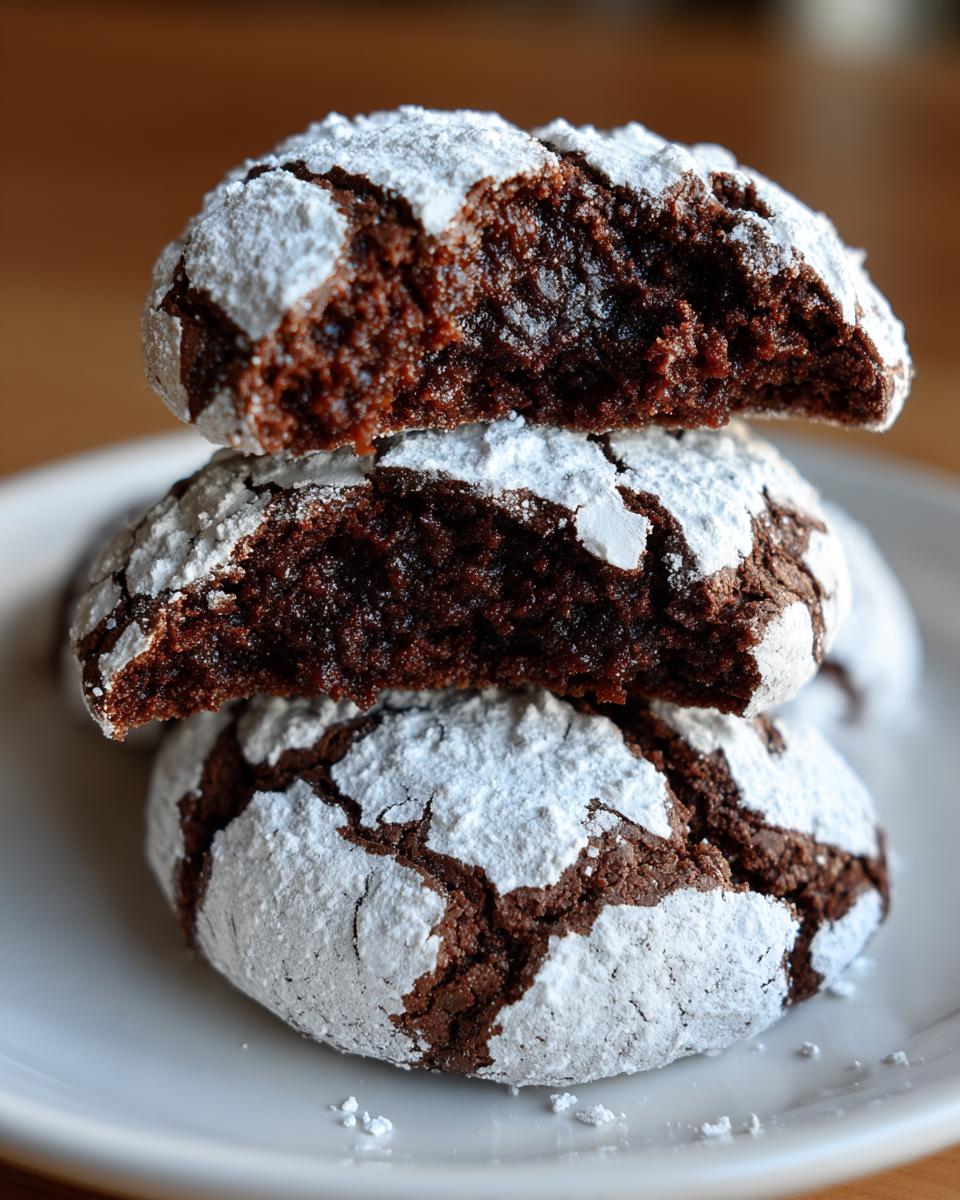 Stack of three rich, fudgy Chocolate Crinkle Cookies dusted heavily with powdered sugar.