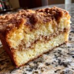 A close-up view of a slice of moist sour cream coffee cake showing a thick cinnamon swirl and crumb topping.